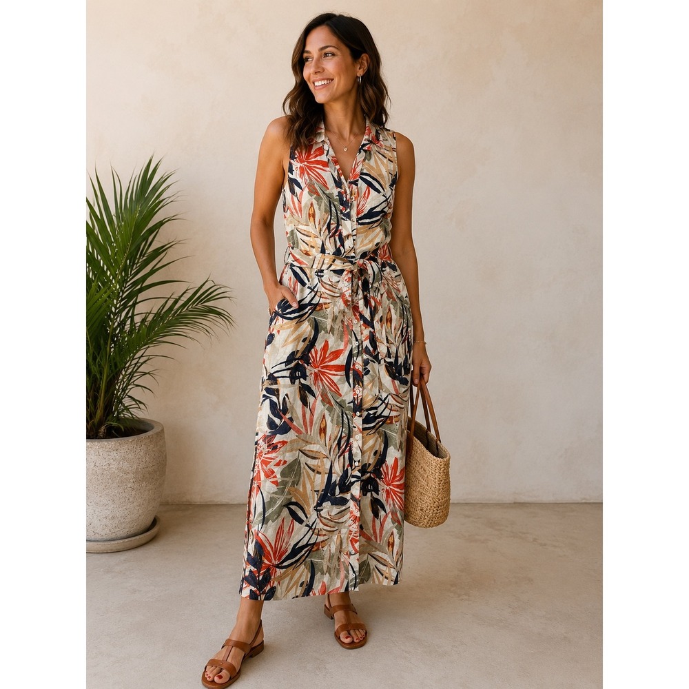 Naturals d&co Tropical Leaf Print Linen Blend Maxi Shirtdress Petite XSP
